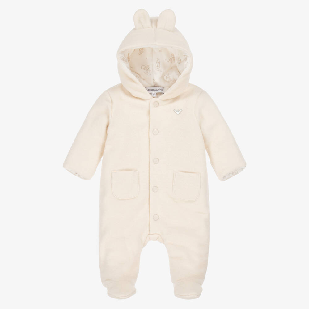 Emporio Armani-Ivory Cotton Fleece Eagle Logo Pramsuit | Childrensalon Outlet