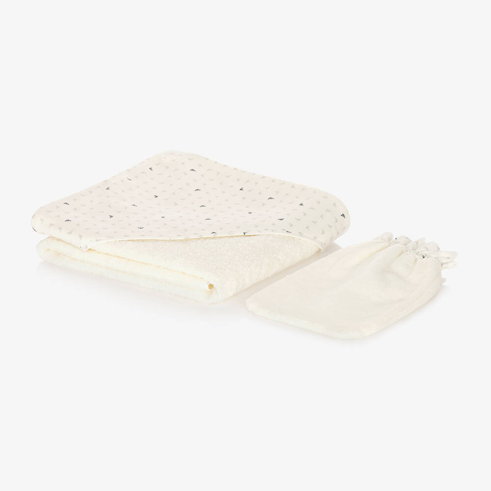 Emporio Armani-Ivory Cotton Logo Towel & Mitt Set | Childrensalon Outlet