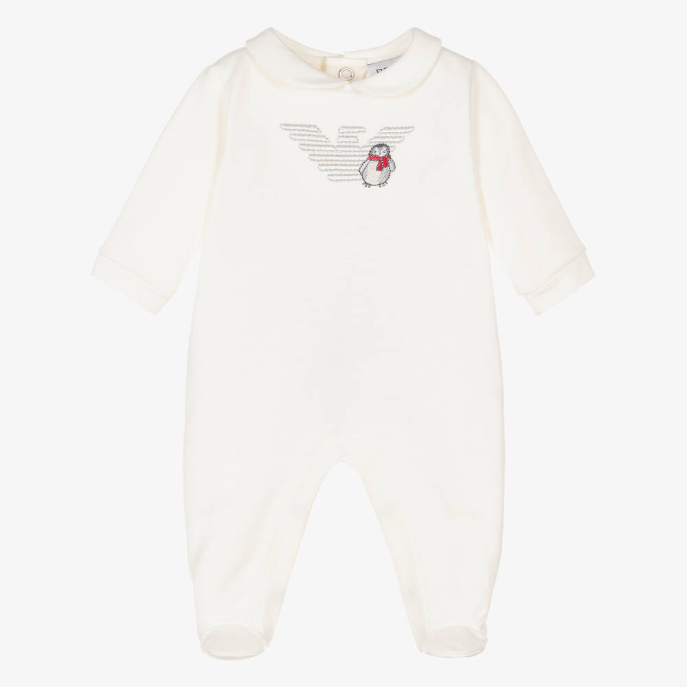 Emporio Armani - Ivory Cotton Penguin Embroidery Babygrow | Childrensalon