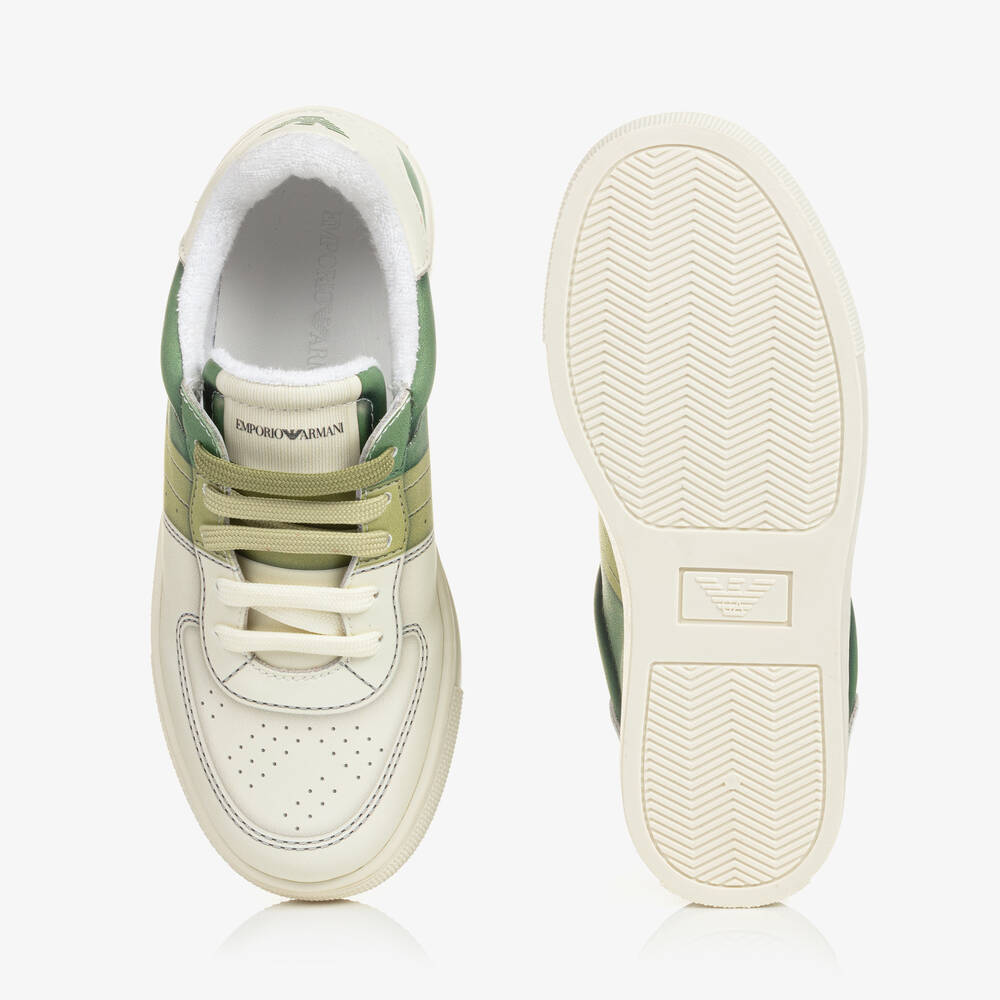 Emporio Armani-Ivory & Green Lace-Up Trainers | Childrensalon Outlet