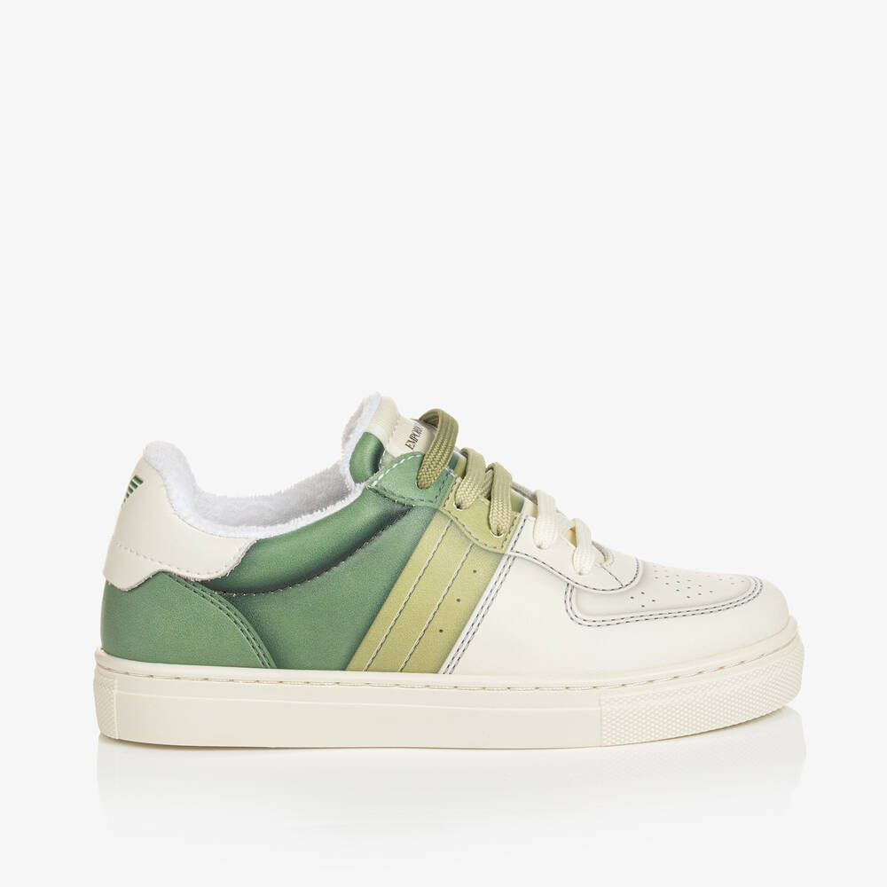 Emporio Armani-Ivory & Green Lace-Up Trainers | Childrensalon Outlet