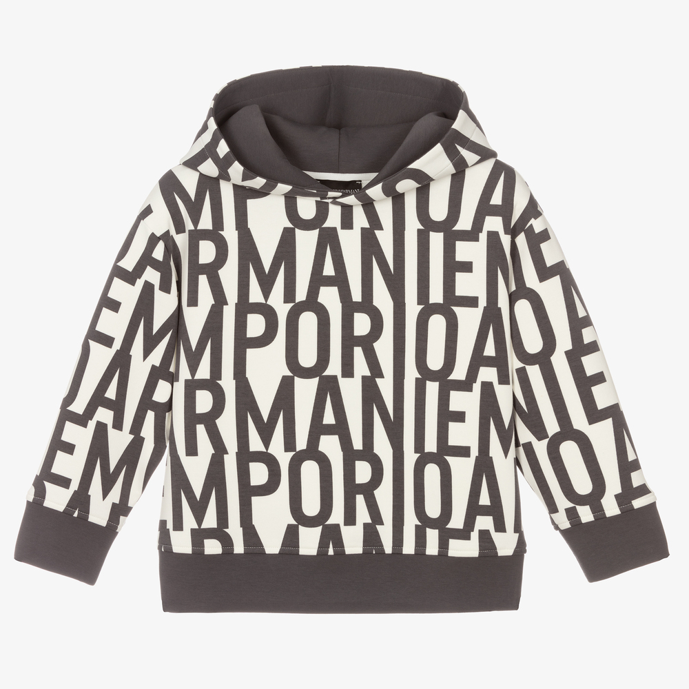 Emporio Armani - Sweat à capuche ivoire et gris | Childrensalon