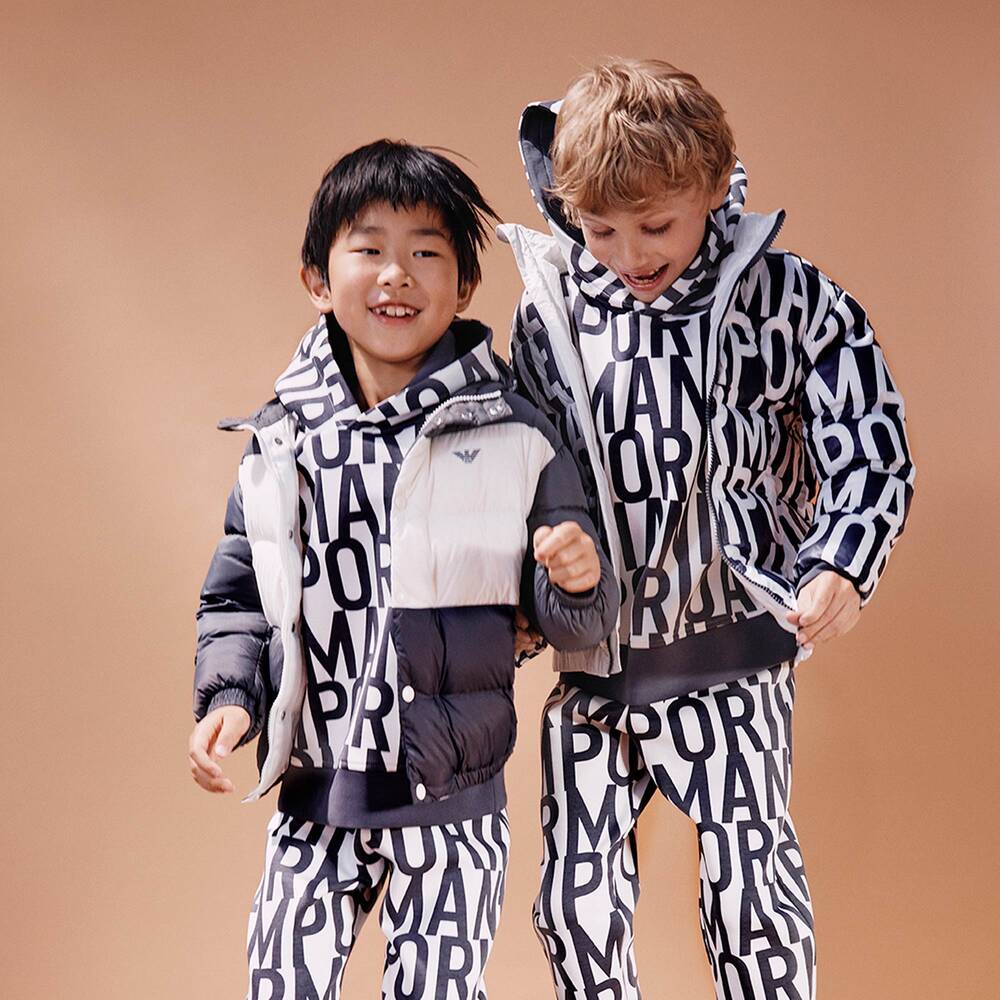 Emporio Armani-توب هودي قطن جيرسي لون عاجي ورمادي للأولاد | Childrensalon Outlet