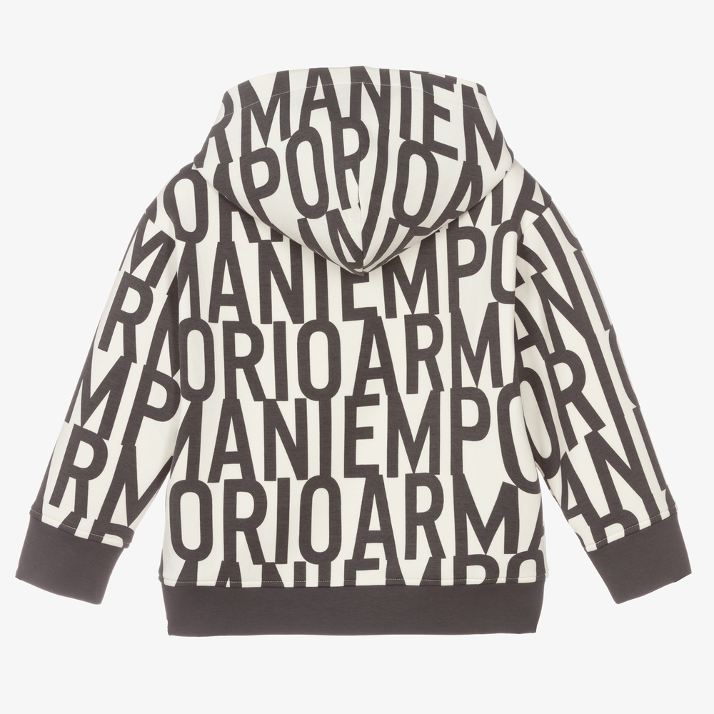 Emporio Armani-توب هودي قطن جيرسي لون عاجي ورمادي للأولاد | Childrensalon Outlet