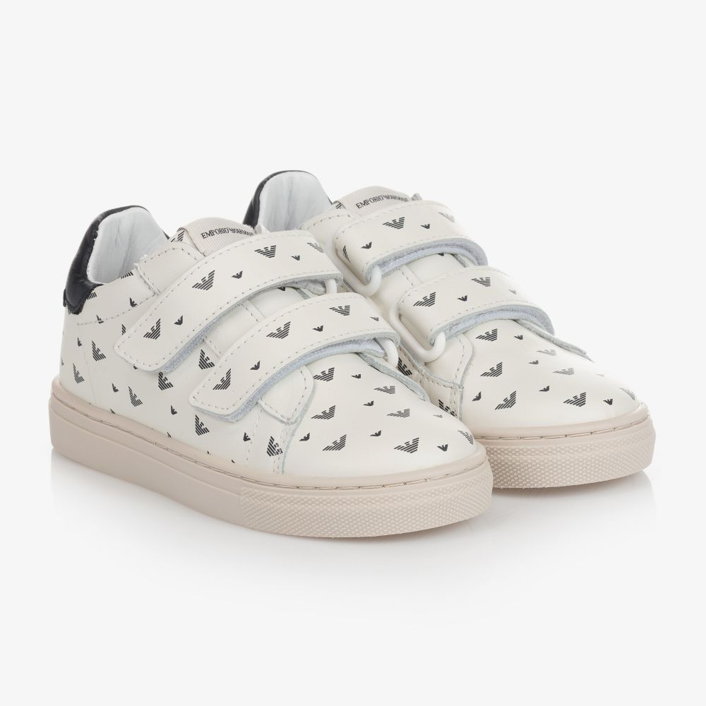 Emporio Armani - Ivory Leather Logo Trainers | Childrensalon