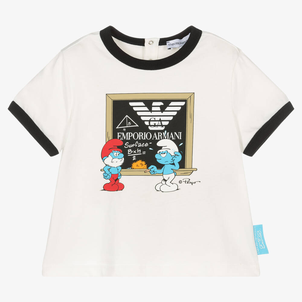 Emporio Armani Ivory Organic Cotton Smurfs Baby T Shirt Childrensalon Outlet