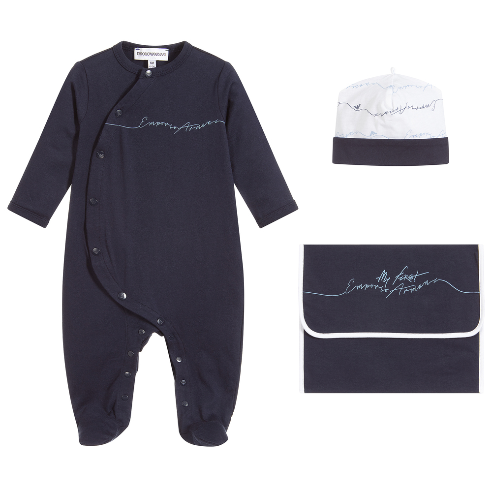 Emporio Armani - Navy Blue Babygrow & Hat Set | Childrensalon