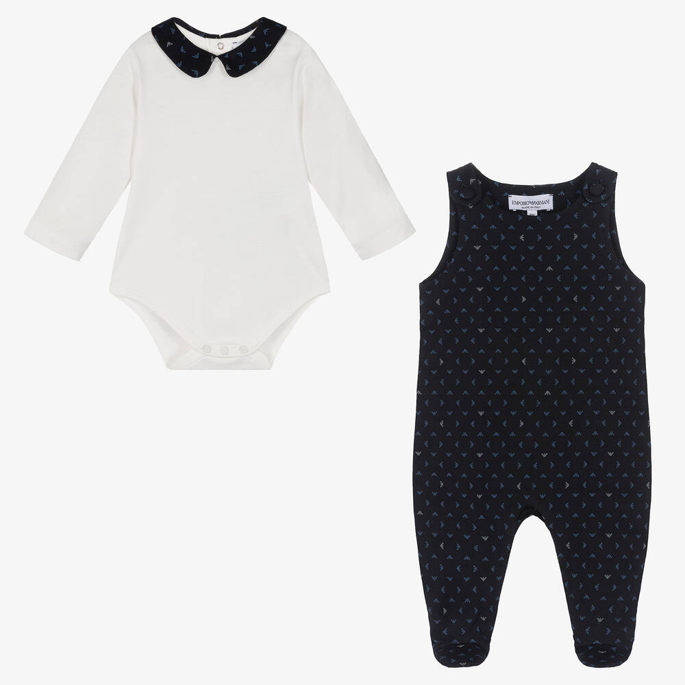 Emporio Armani Navy Blue Cotton Logo Babygrow Set Childrensalon Outlet