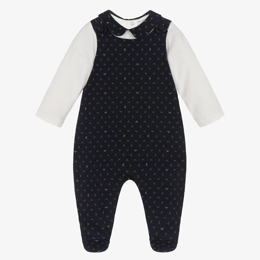 Emporio Armani Navy Blue Cotton Logo Babygrow Set Childrensalon Outlet