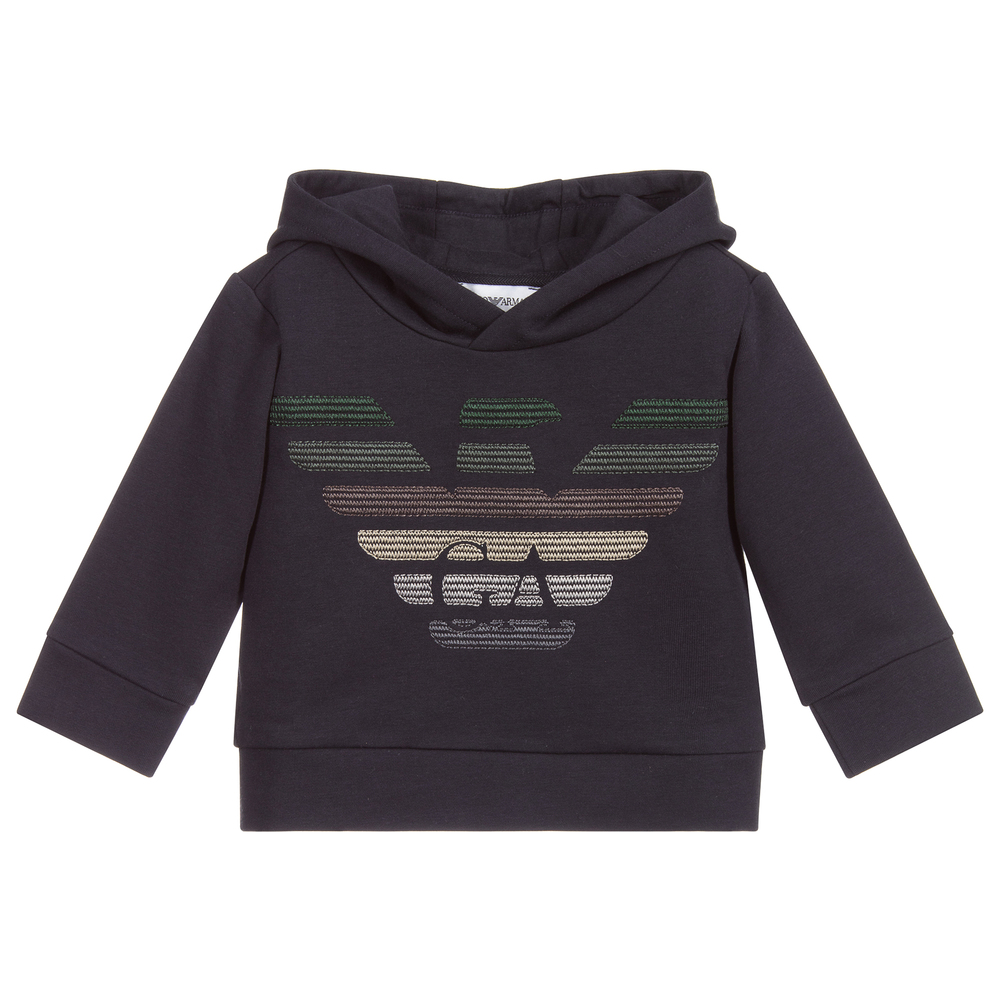 Emporio Armani - Pull à capuche bleu marine en coton avec logo | Childrensalon