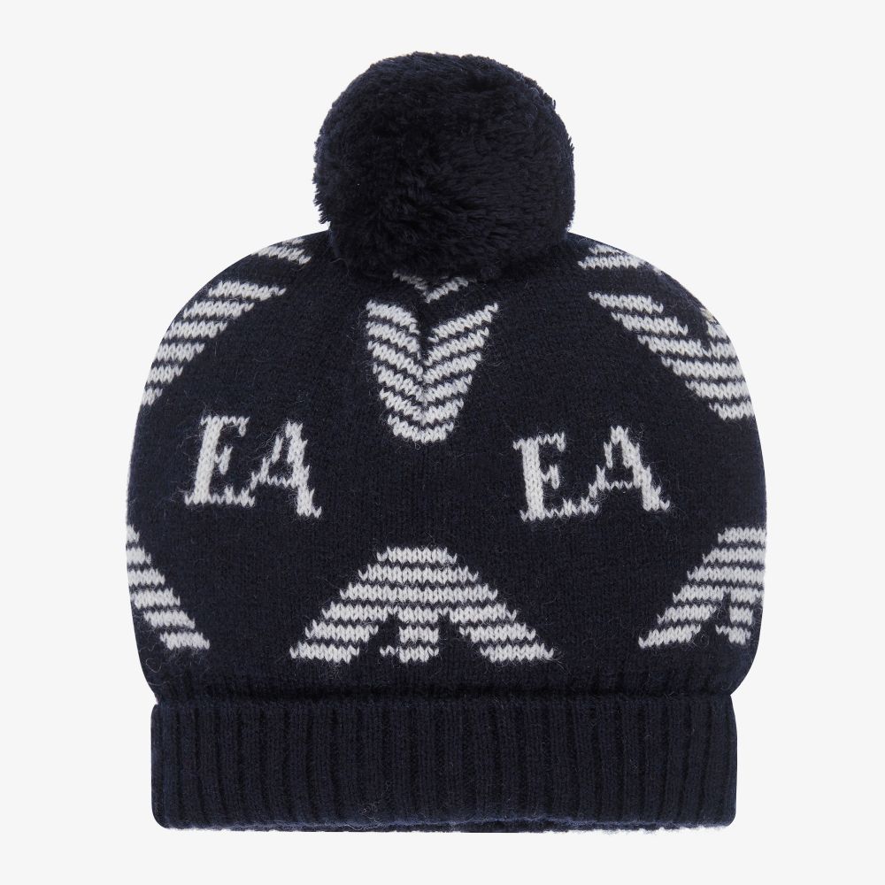 Emporio Armani-Navy Blue Logo Pom-Pom Hat | Childrensalon Outlet
