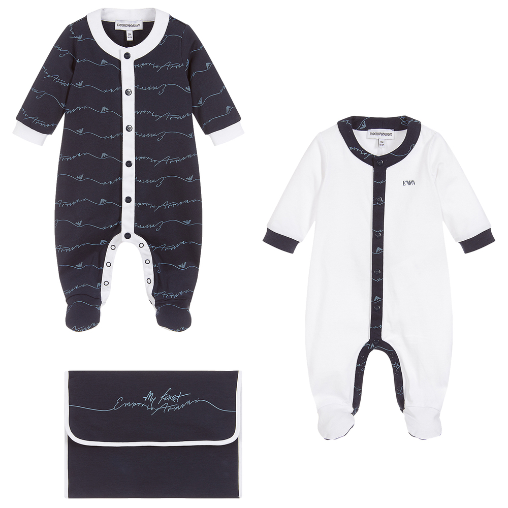 Emporio Armani - Ensemble grenouillère bleu marine et blanc | Childrensalon