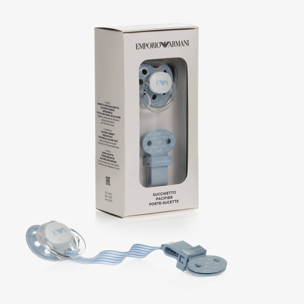 Emporio Armani-Pale Blue Dummy & Clip Set | Childrensalon Outlet