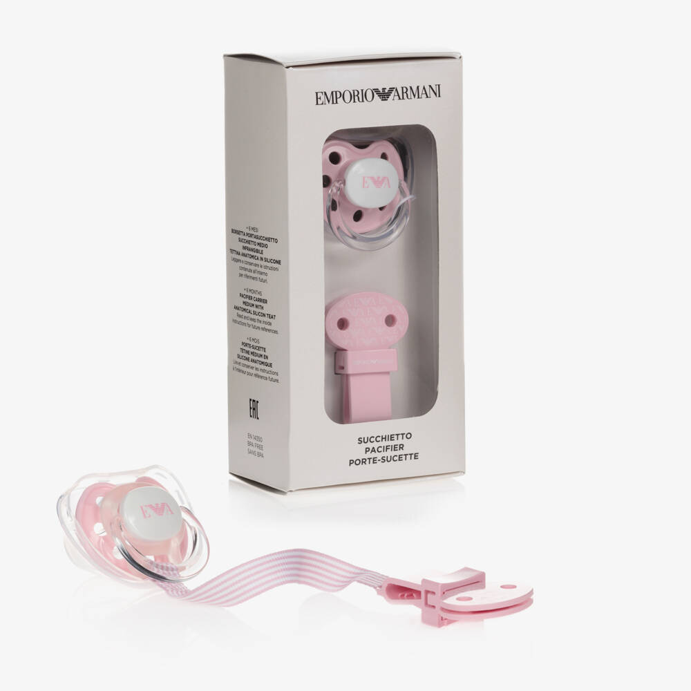 Emporio Armani-Pink Dummy & Clip Set | Childrensalon Outlet