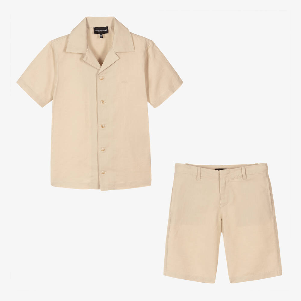 Emporio Armani - Teen Boys Beige Cotton & Linen Shorts Set | Childrensalon