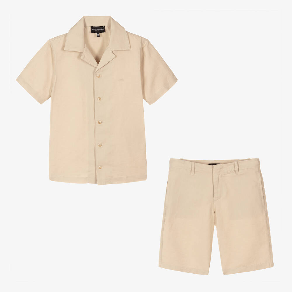 Emporio Armani Ensemble short beige coton et lin Childrensalon Outlet
