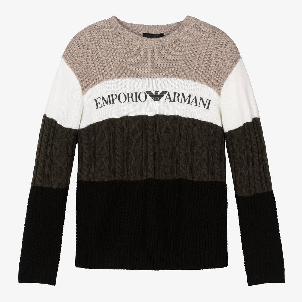 Emporio Armani - Pull beige et vert en laine ado | Childrensalon