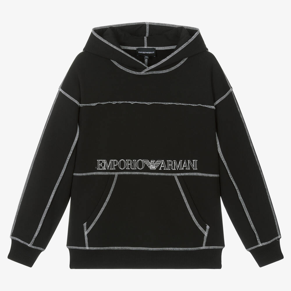 Emporio Armani - Teen Boys Black Cotton Overstitch Hoodie | Childrensalon