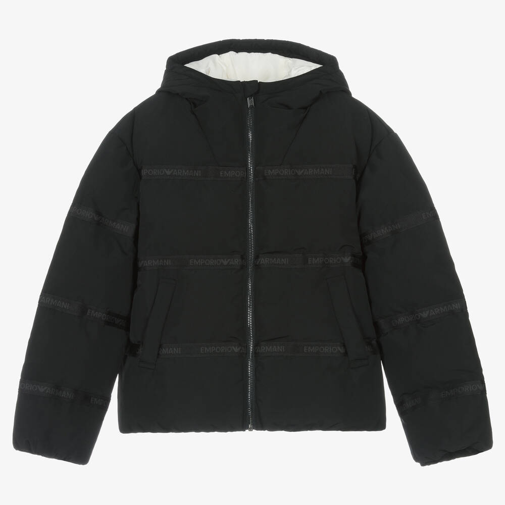 Emporio Armani - Teen Boys Black Hooded Puffer Jacket | Childrensalon