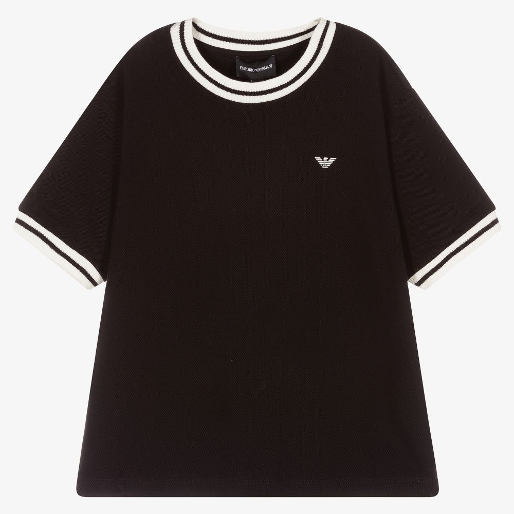 Emporio Armani-تيشيرت تينز ولادي قطن بيكيه لون أسود | Childrensalon Outlet