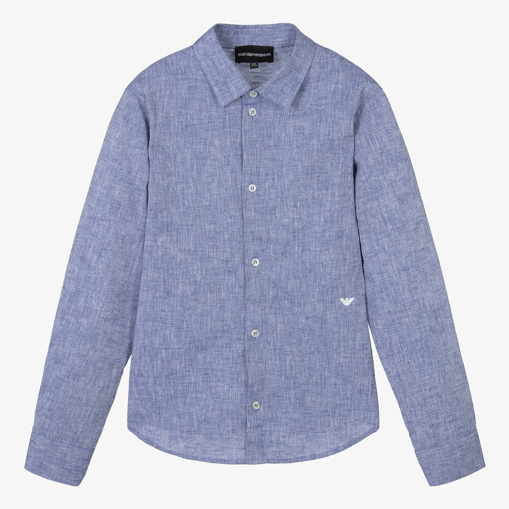 Emporio Armani-Teen Boys Blue Cotton & Linen Shirt | Childrensalon Outlet