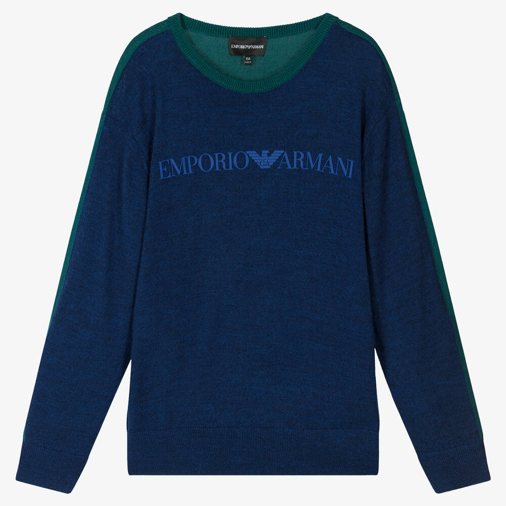 Emporio Armani - Pull bleu et vert en laine ado | Childrensalon