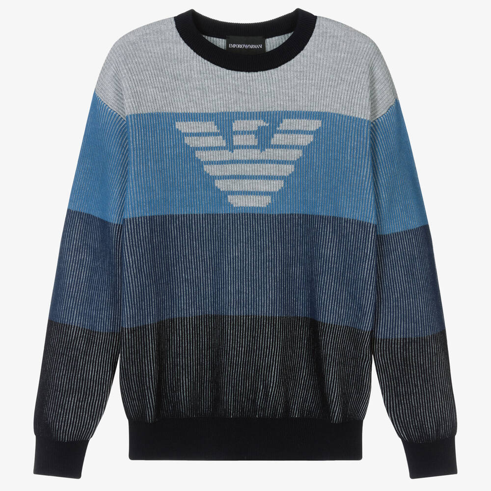 Emporio Armani - Pull bleu et gris rayé en coton ado | Childrensalon