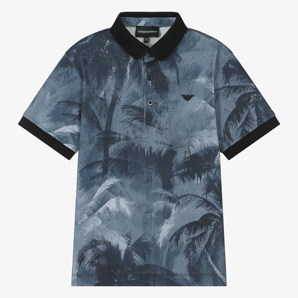 Emporio Armani Teen Boys Blue Palm Print Polo Shirt Childrensalon Outlet