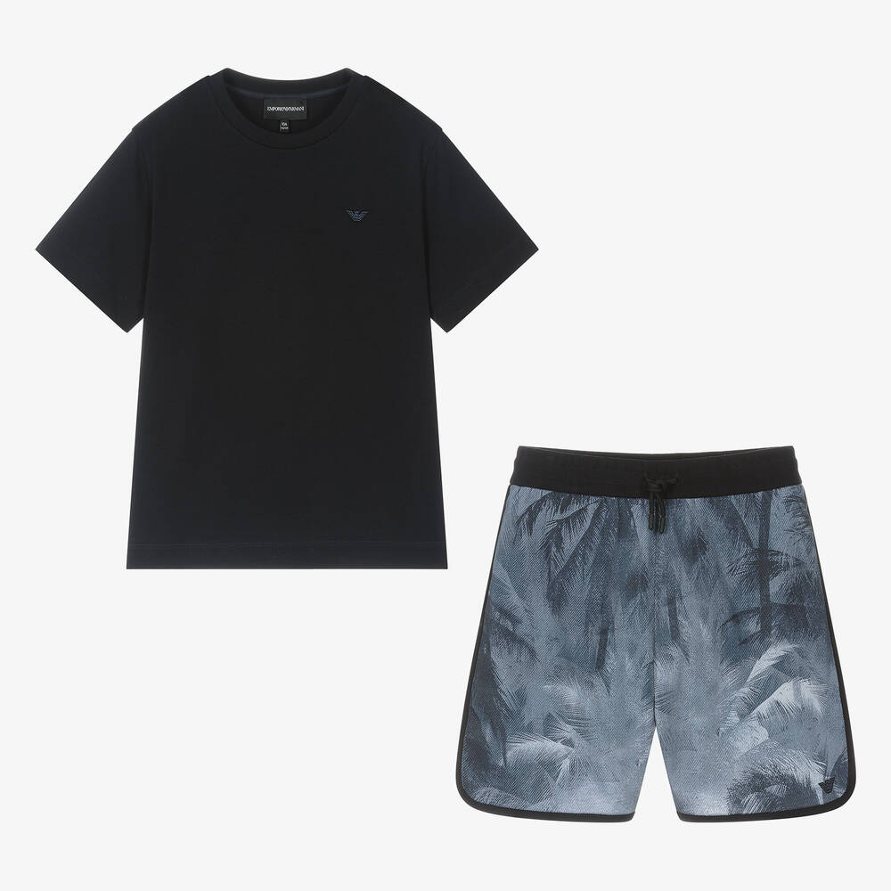 Emporio Armani-طقم شورت قطن لون كحلي للمراهقين | Childrensalon Outlet
