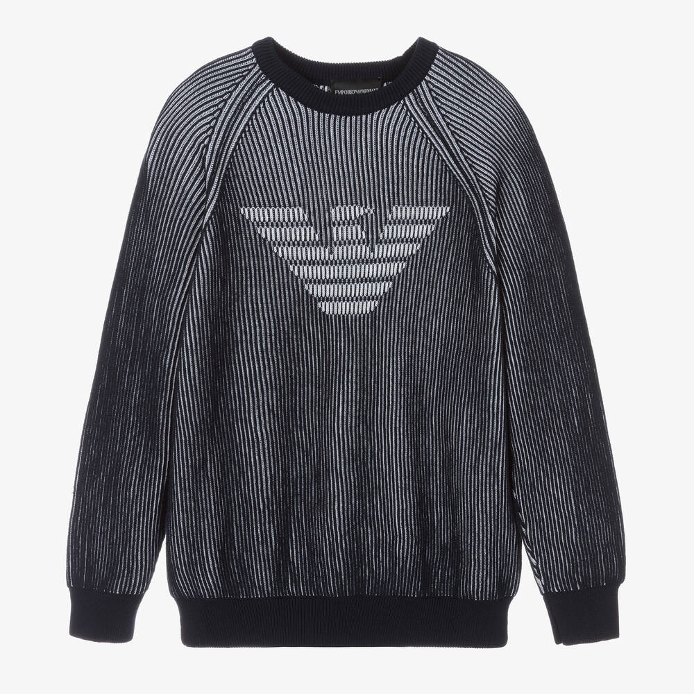 Emporio Armani Teen Boys Blue Ribbed Logo Jumper Childrensalon