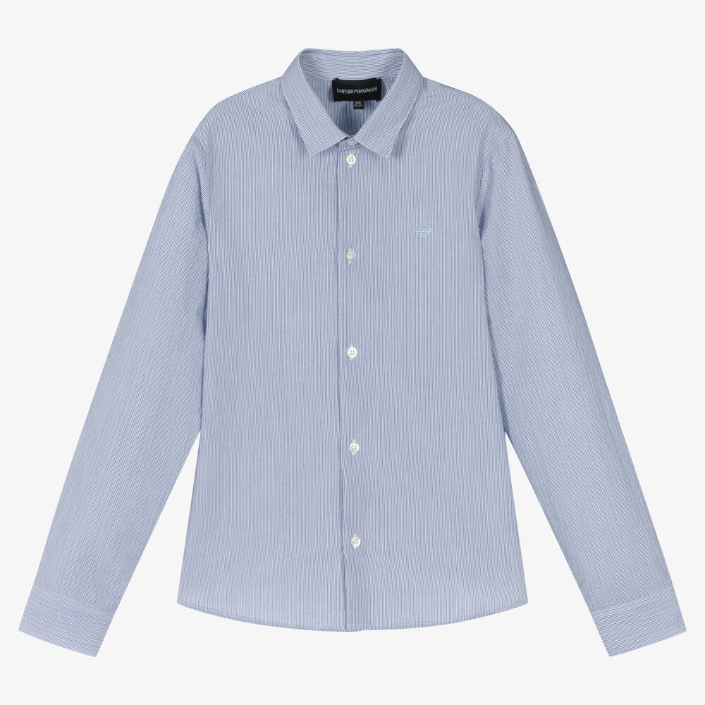 Emporio Armani - قميص تينز ولادي قطن مقلم لون أزرق وأبيض | Childrensalon