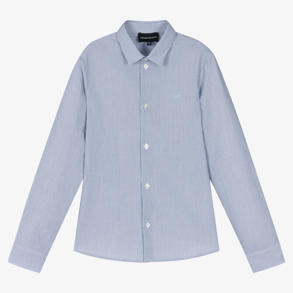 Emporio Armani-Teen Boys Blue Striped Logo Shirt | Childrensalon Outlet