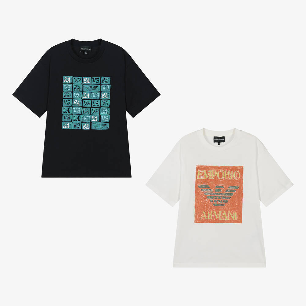 Emporio Armani-Teen Boys Blue & White Cotton T-Shirts (2 Pack) | Childrensalon Outlet