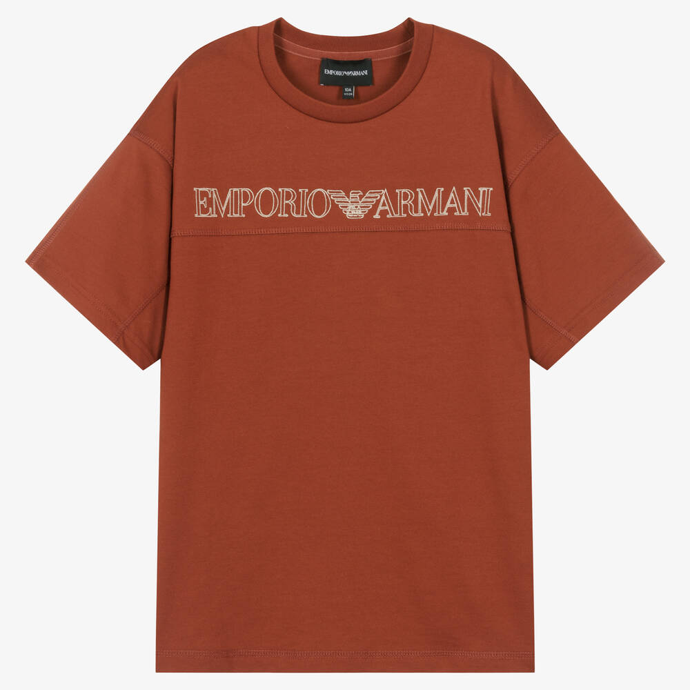 Emporio Armani-تيشيرت قطن جيرسي لون بني تينز ولادي | Childrensalon Outlet