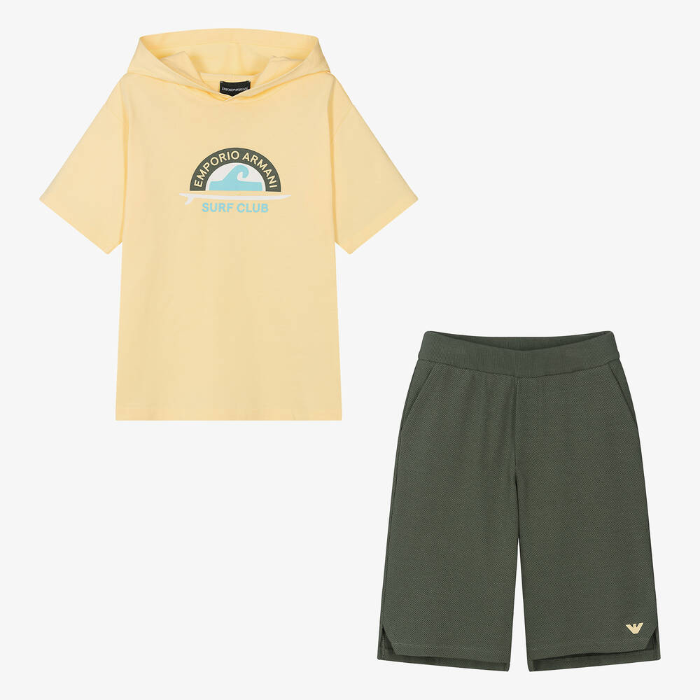 Emporio Armani-Желтый топ и зеленые шорты из хлопка для мальчиков-подростков | Childrensalon Outlet