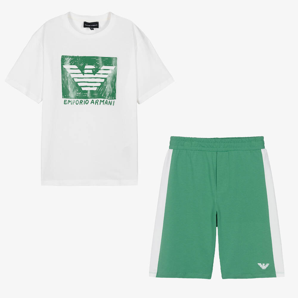 Emporio Armani - Белая футболка и зеленые шорты | Childrensalon