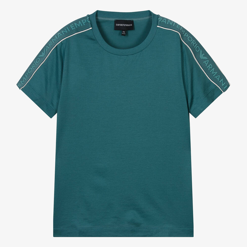 Emporio Armani-Teen Boys Green Viscose & Cotton T-Shirt | Childrensalon Outlet