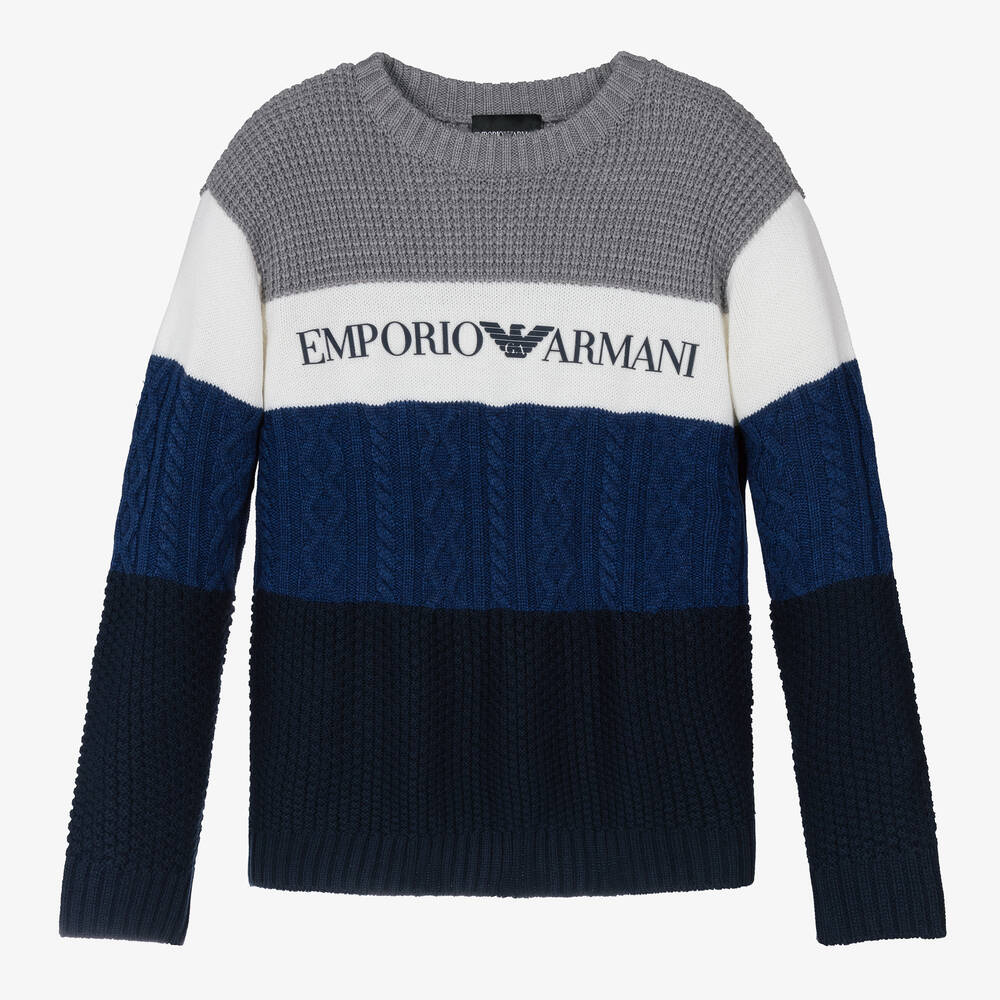 Emporio Armani - Pull gris et bleu en laine ado | Childrensalon