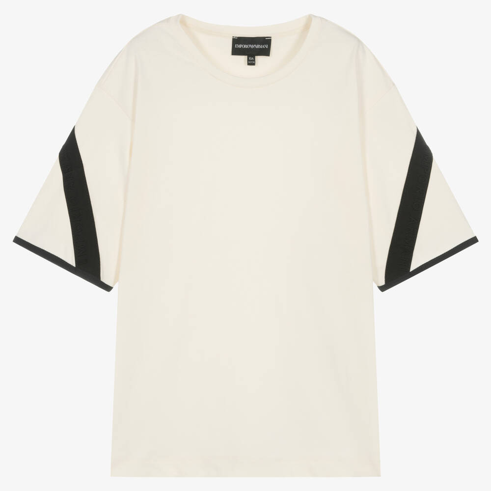 Emporio Armani - T-shirt ivoire et noir en coton ado | Childrensalon