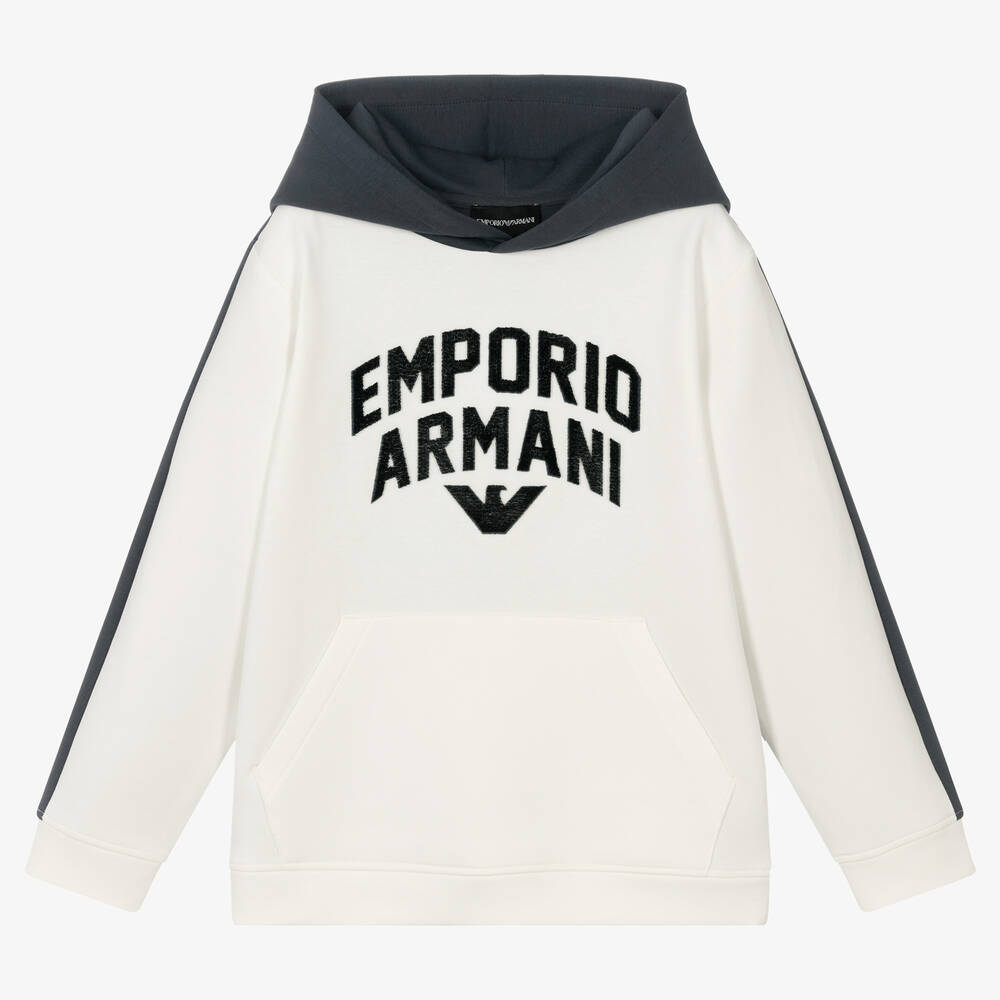 Emporio Armani - توب هودي تينز ولادي قطن جيرسي لون أزرق وعاجي | Childrensalon