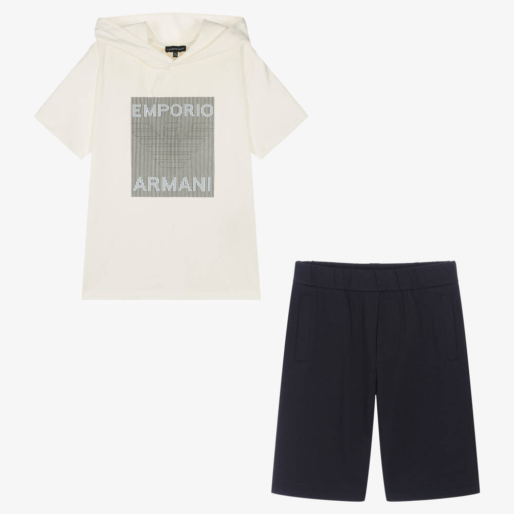 Emporio Armani - Teen Boys Ivory & Blue Logo Shorts Set | Childrensalon