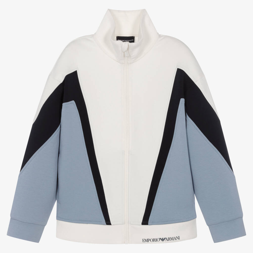 Emporio Armani-توب بسحّاب تينز ولادي قطن جيرسي لون عاجي وأزرق | Childrensalon Outlet