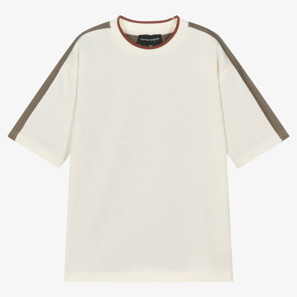 Emporio Armani-Teen Boys Ivory Cotton Colourblock T-Shirt | Childrensalon Outlet
