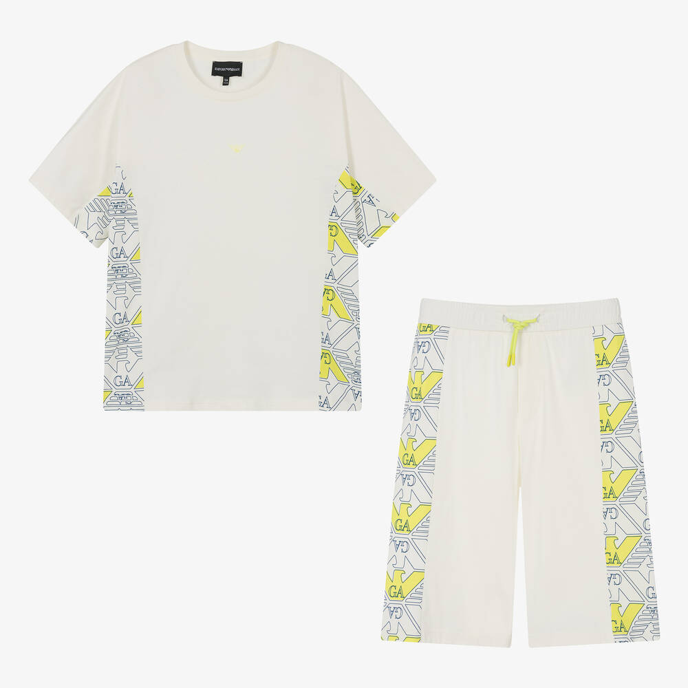Emporio Armani-Teen Boys Ivory Cotton EA Crew Shorts Set | Childrensalon Outlet