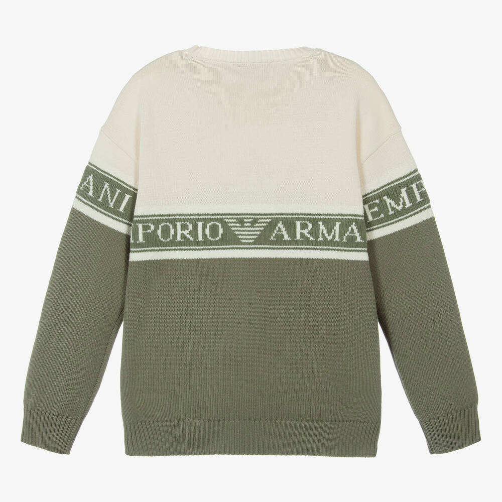 Emporio Armani Teen Boys Ivory Green Cotton Knit Jumper Childrensalon Outlet