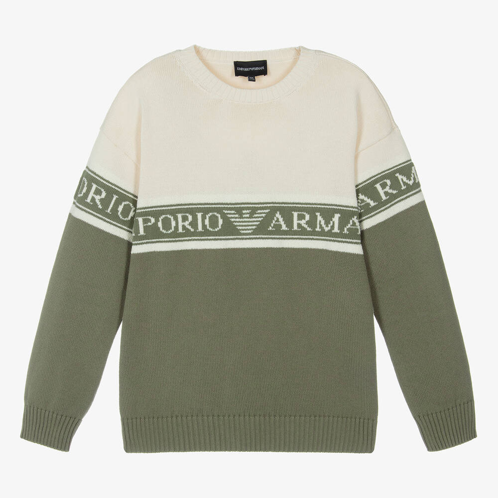 Emporio Armani-Кремово-зеленый джемпер из хлопка для мальчиков-подростков | Childrensalon Outlet