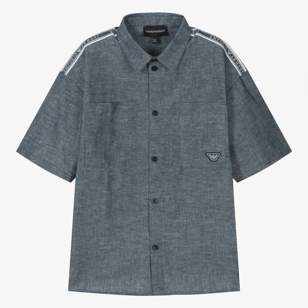 Emporio Armani Chemise bleu marine en coton et lin Childrensalon Outlet