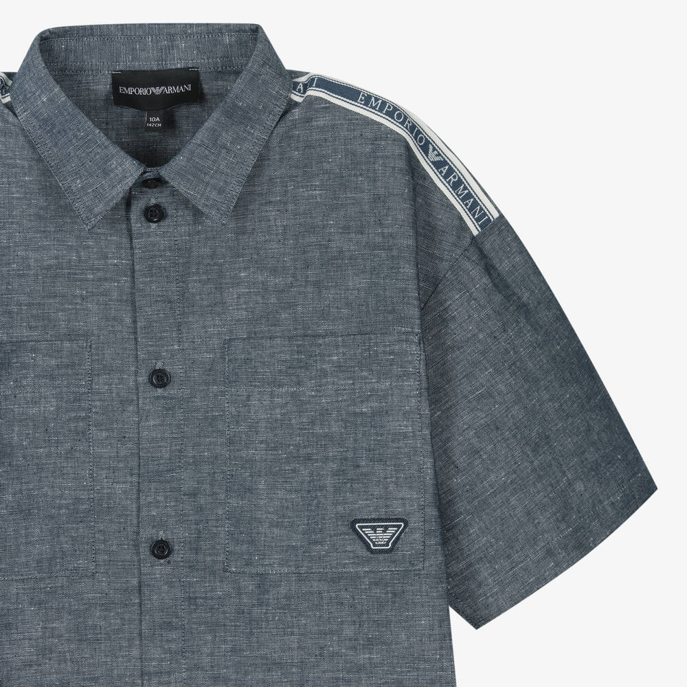 Emporio Armani-Teen Boys Navy Blue Cotton & Linen Shirt | Childrensalon Outlet