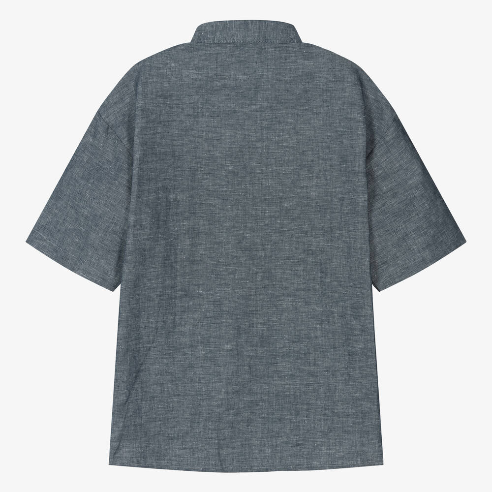 Emporio Armani-Teen Boys Navy Blue Cotton & Linen Shirt | Childrensalon Outlet