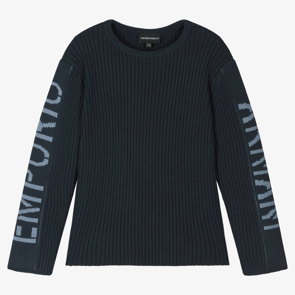 Emporio Armani - Teen Boys Navy Blue Knitted Wool Sweater ...